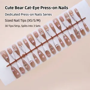 Handmade Pink Cat Eye Press On Nails With 3D Bear Bow Design Long Almond Shape Gradient Polka Dot Artificial Nails For Women