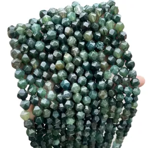 Strands of natural green moss agate faceted diamond-cut beads for DIY jewelry making