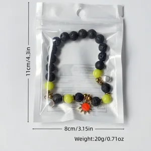 Detailed view of lava bead bracelet with sun charm, size 11x8cm and 20g weight info.