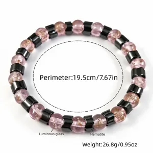 Detailansicht des Perlenarmbands aus leuchtendem Glas und Hämatit mit Maßen
