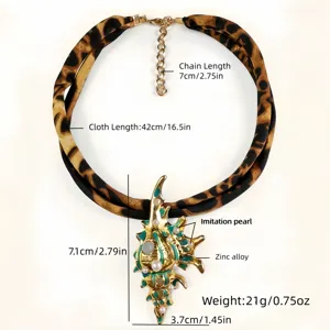 Detailed view of a leopard print necklace with a luminous conch pendant and size labels