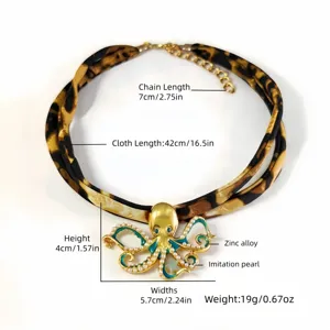 Macro view showing dimensions and materials for the leopard print octopus pendant choker