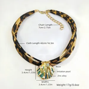 Close-up view of luminous shell necklace with detailed dimensions and material specs