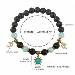 Lava stone beaded bracelet with sun charm and luminous glow-in-the-dark stone beads