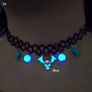 Detailed view of Halloween luminous choker with blue glowing skull and bead charms