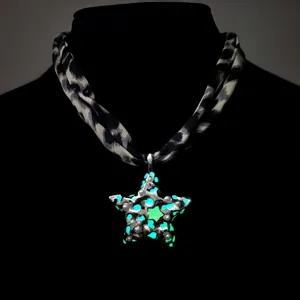 Luminous sea star necklace with glow texture and vintage leopard print fabric cord