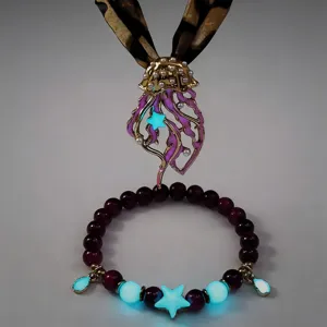 Detailed macro view of glow-in-the-dark jellyfish pendant and matching beaded star bracelet