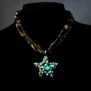 Luminous star pendant necklace with leopard print fabric cord and pearl accents