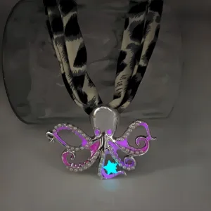 Close-up detail of a luminous purple octopus pendant necklace with leopard print strap