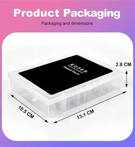 Transparent press-on nail tips set in storage box with dimensions: 13.1x10.5x2.8cm
