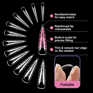 Clear false nail tips with scale markings and numbered sizes, foldable flexible design.