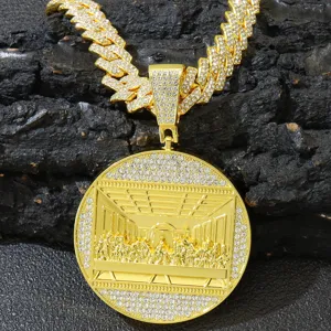 Hip Hop The Last Supper Relief Pendant Necklace Iced Out Rhinestone Cuban Link Chain For Men Alloy Gold Silver Plated Jewelry