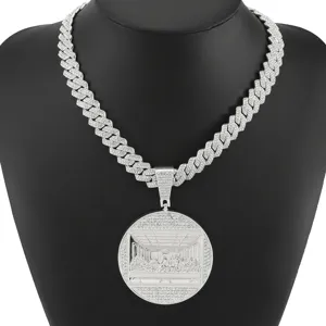Detailed view of the Last Supper relief pendant on a sparkling iced-out Cuban link chain