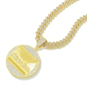 Luxurious iced-out gold Cuban link necklace featuring a Last Supper circular pendant