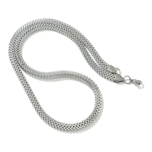 Close-up of stainless steel double-row Franco chain necklace with silver finish