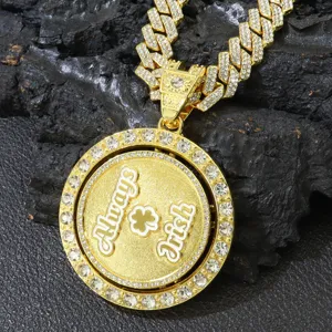 Hip Hop Drehbarer Runder Anhänger Halskette Always Irish Kleeblatt Zinklegierung Strass Panzerkette Für Herren Schmuck