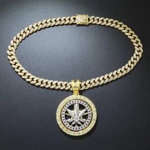 Hip Hop Iced Out Spinning Maple Leaf Pendant Necklace Alloy Rhinestone Cuban Link Chain Personalized Jewelry For Men Women