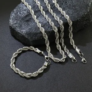 Detailansicht der silbernen Edelstahl Seilkette Halskette und Armband Schmuckset