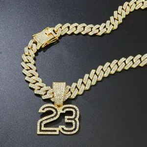Hip Hop Vereiste Nummer 23 Anhänger Halskette Zinklegierung Strass Bling Cuban Gliederkette Für Herren Damen Streetwear Schmuck