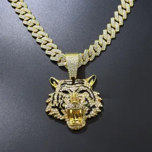 Hip Hop Punk Rock Volledige Strass Tijgerkop Hanger Ketting Voor Mannen Vrouwen Goud Zilver Vergulde Legering Cubaanse Ketting Sieraden