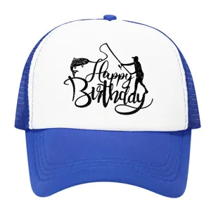 Cappellino trucker blu e bianco in rete con stampa Happy Birthday a tema pesca