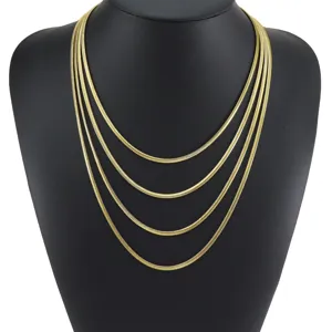 Detailed view of layered 3mm wide gold flat snake chains on a professional black bust
