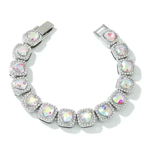 Hip Hop Colorful Heart Sugar Cube Cuban Chain Bracelet For Men Iced Out Rhinestone Alloy Geometric Nightclub Party Jewelry