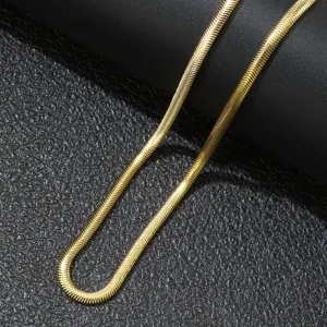 Detailed macro view of 3mm wide golden stainless steel flat snake bone blade chain