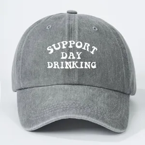 Cappellino da baseball in cotone lavato grigio con stampa 'Support Day Drinking'.