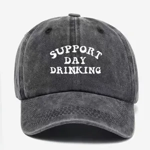 Cappellino da baseball regolabile in cotone nero lavato con stampa Support Day Drinking