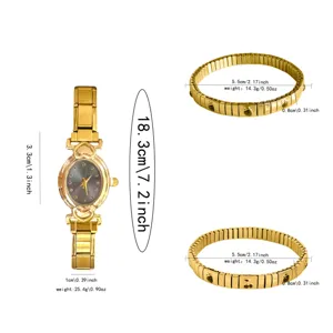 Detailed specifications for gold oval dial watch and matching stretch bracelets set