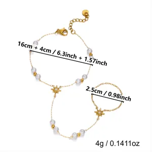 Ensemble bracelet bague chaîne de main en perles dorées avec étoiles et mesures.