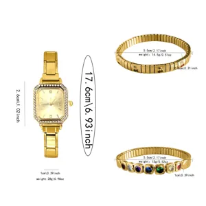 Detaillierte Produktspezifikationen für goldene Quarzuhr und elastische Armbänder mit Abmessungen