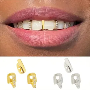 Set di Grillz per Denti in Stile Hip Hop in Rame con Intarsio di Zirconia Placcato Oro e Argento per Festa di Halloween Gioielli DIY