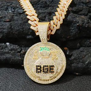 Hip Hop Iced Out BGE Geldbeutel Medaillon Anhänger Halskette Legierung Strass Rund Zirkel Anhänger Mit Cuban Link Kette Herren Schmuck
