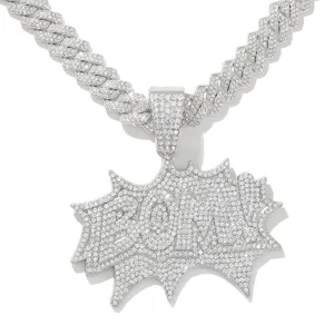 Detail shot of shimmering iced out BOM! letter pendant on silver Cuban link chain