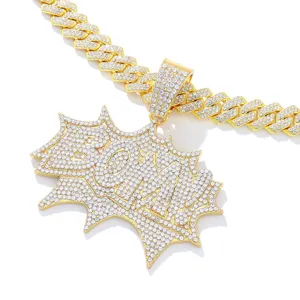 Detailed view of hip-hop gold Cuban chain with iced-out BOM bubble letter pendant