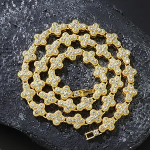 Vollbesetzte Diamant Kreuz Blume Tenniskette Halskette Armband Für Damen Herren Französisches Retro Hip Hop Strass Eingelegtes Legierung Halskette Zubehör