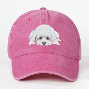 Rosa gewaschene Baseballkappe aus Baumwolle mit süßem weißem Hundemuster für Freizeit