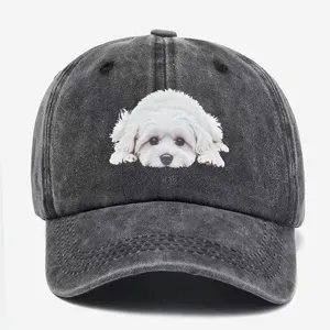 Unisex-Baseballkappe aus gewaschenem grauem Denim mit süßem weißem Welpendruck für Streetwear