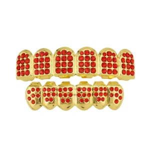 Hip Hop Red Rhinestone Teeth Grills Gold Silver Plated U-Shaped Top Bottom Grills For Party Stage Trendy Unisex Jewelry