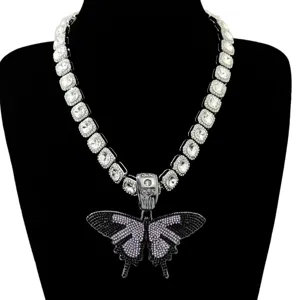 Hip Hop Herren Iced Out Schmetterling Anhänger Halskette Mit Quadratisch Strass Tennis Kette Legierung Bling Schmuck Geschenk