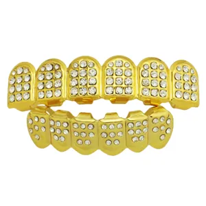 Hip Hop 18K Gold Plated Copper Teeth Grills Vampire Fang Rhinestone Iced Out Grills Set For Men Women Party Body Jewelry