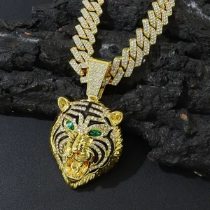 Iced Out Tigerkopf Anhänger Halskette Für Herren Hip Hop Schmuck Gold Silber Vergoldet Legierung Strass Panzerkette Mit Grünem Auge Tiger Anhänger