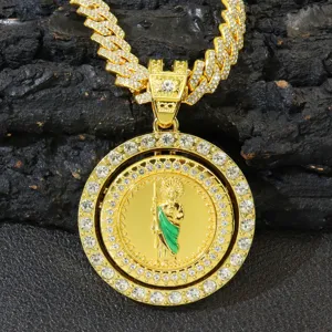 Collana con Pendente Rotante St. Jude Hip Hop Icona Smaltata Lega Strass Catena Cubana Iced Out Gioielli Religiosi Uomo Donna Regalo