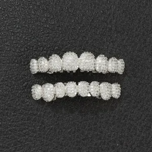 Full iced out silver hip hop teeth grillz with cubic zirconia stones on black leather