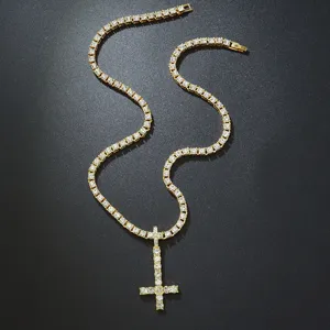 Luxurious iced out inverted cross pendant necklace with tennis chain for hip hop style