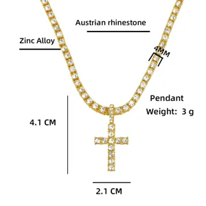 Detailansicht der Abmessungen von Eiskreuz-Anhänger mit 4 mm goldener Tennis-Kette