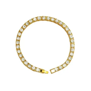 Detailed view of single row gold plated hip hop tennis chain bracelet with rhinestones