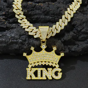 Hip Hop Crown King Letter Pendant Necklace Zinc Alloy Iced Out Rhinestone Cuban Link Chain For Men Streetwear Jewelry
